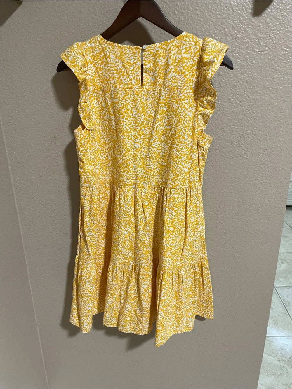 J. Crew Yellow and White Floral Ruffle Sleeve Linen Blend Dress